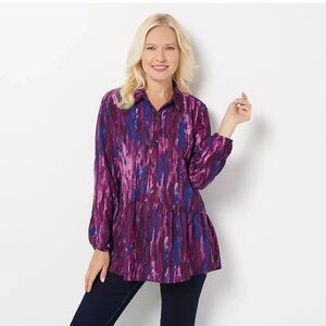NEW LOGO Lori Goldstein Womens Blouse Tunic Long Sleeve L Purple Casual Summer